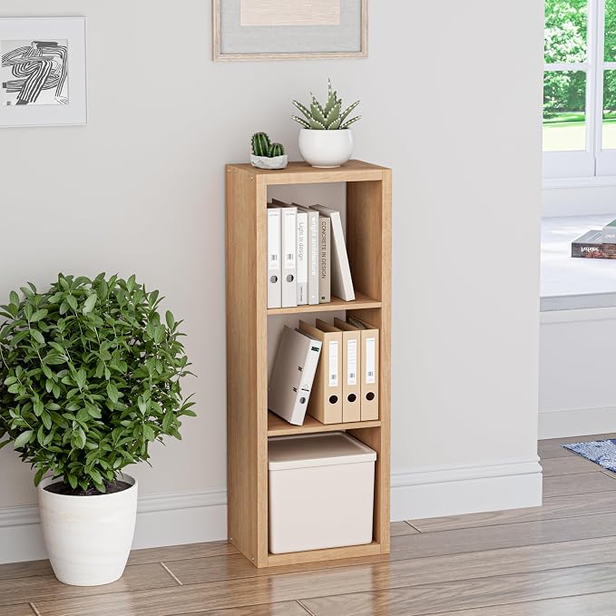 VDNEND Cube Storage Organizer Bookcase, 3 Tier Decorative 11 inch Open Back Cubical Shelf with Thickened Border, Display Bookshelf for Living Room, Home Office, Sturdy Room (Natural Oak, 3 Cube)