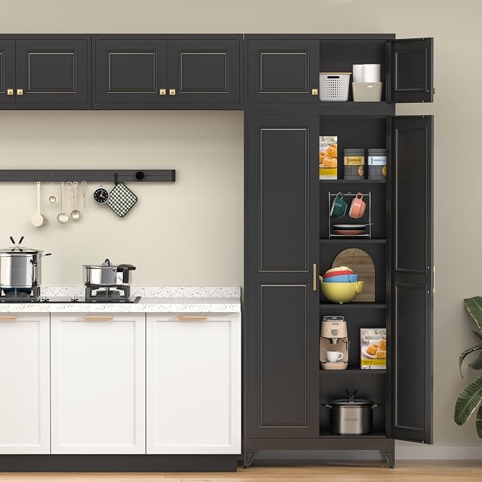 90” Tall Kitchen Pantry Cabinet,Metal Storage Cabinet with Doors and Adjustable Shelves,Modern Kitchen Hutch Cabinets,Freestanding Cupboard for Dining Room