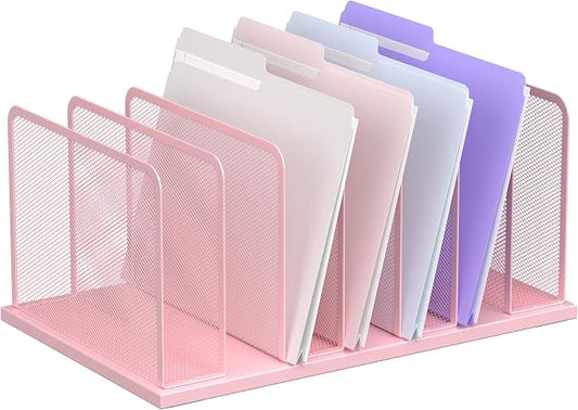 Kuntine.B 7-Section Upright Desk File Organizer Pink 1 Pack | Vertical, Mesh, Metal, Assembly, Stability, Sturdiness, Organization, Standing