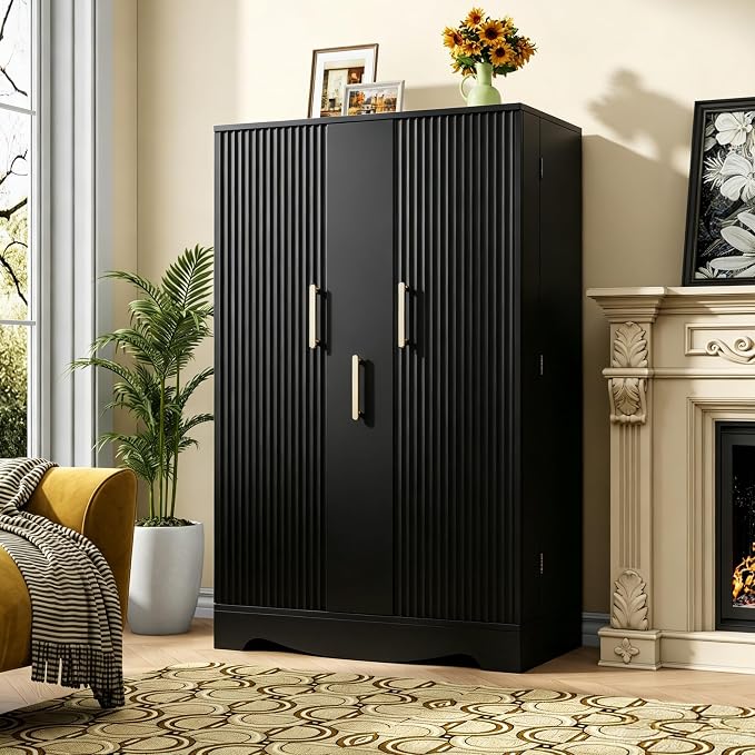 kepptory 47“ Black Kitchen Pantry Cabinet with 3 Doors, Adjustable Shelves, | Pull-Out Side Spice Racks, Freestanding Food Storage Cupboard for Kitchen, Dining Room, Living Room