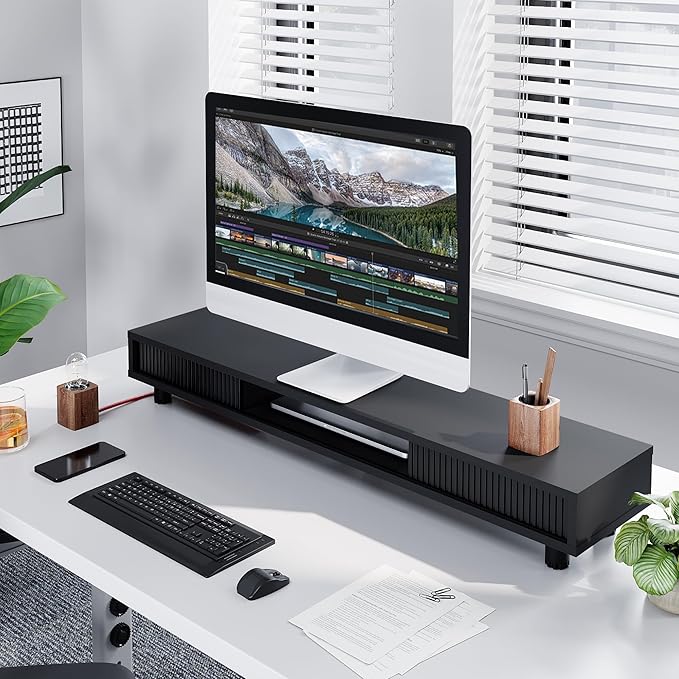 Fenge Dual Monitor Stand with Storage, Desk Shelf with Glass Sliding Door | Ergonomic Height Adjustment, 42.5in Monitor Shelf, 2-Tier Monitor Riser, Desk Organizer for Screen, PC, Laptop, Balck