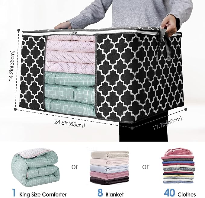 WISELIFE Storage Bags 100L 6-Pack Large Blanket Clothes Organization and Storage Containers for Bedding, Comforters, Foldable Organizer with Reinforced Handle, Clear Window, Sturdy Zippers