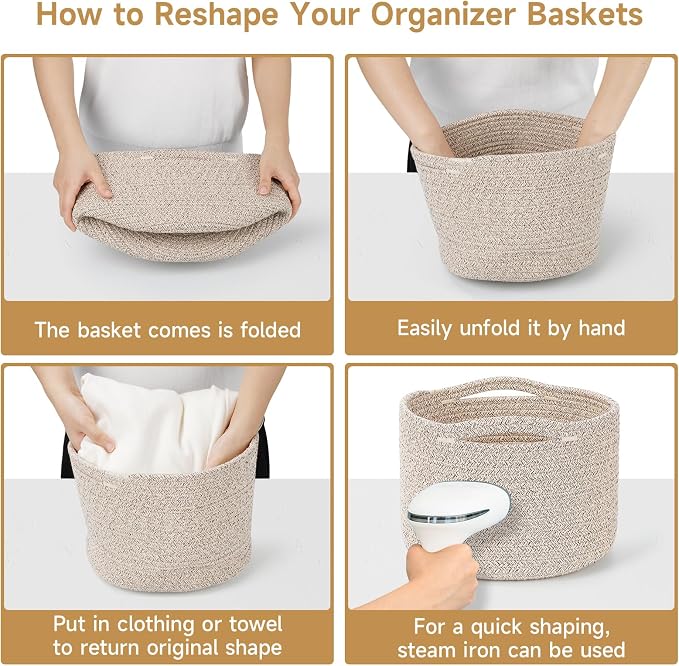 3 Pack Small Rope Storage Baskets, 9.82×9.82×7.1", Brown | Cotton Basket for Gifts Empty, Cute Round Woven Basket, Decorative Shelf Basket Organizer, Organizing Basket for Shelves