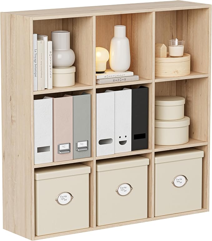 VDNEND Wooden Storage Organizer with Closed Back Panel, 11in Cube Shelf Opening, Bookshelf, Display Shelf,Closet Cabinet for Home and Office (White Oak, 9-Cube 35.98L*9.45W*35.91H)
