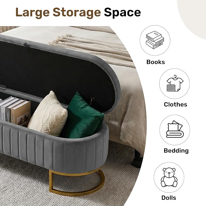65" Velvet Storage Ottoman Bench End of Bed for Bedroom Entryway Light Grey