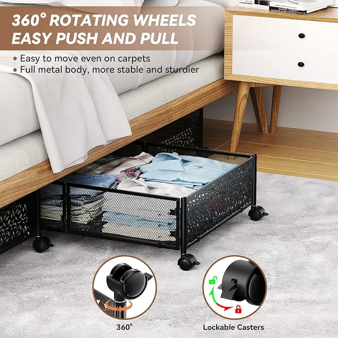PHINOX Under Bed Stroage Container with wheels,Patterned,Metal,2 Pack,Black | Tool-free assembly, glide smoothly, easy reach, foldable, maxmazie low-profile beds, dorm, keep seasonal clothes, shoes fresh