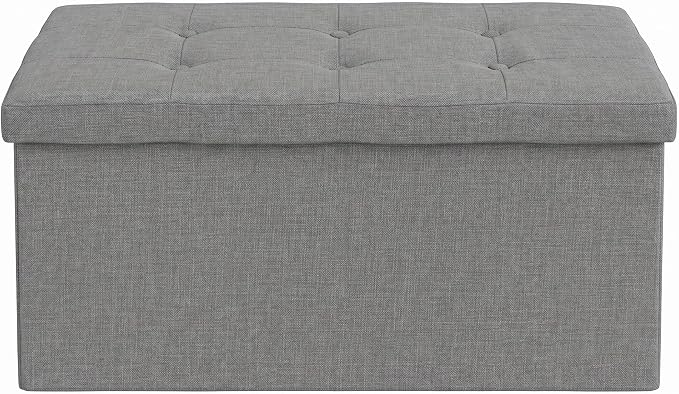 HOME DESIGN Florence 30" Upholstered Folding Storage Ottoman Bench, Tufted Top, Space-Saving Storage, Gray Linen Fabric