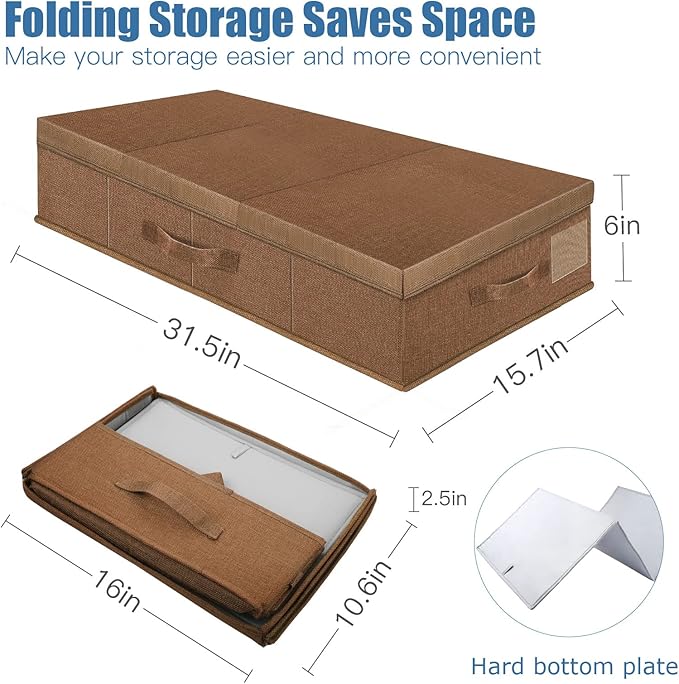 Supowin 2Pack Large Underbed Storage Containers Bin with Lids, Dark Brown | 6 Inches Tall Under Bed Storage Organizer Box with Handles, Foldable Closet Organizer for Clothes, Blankets, Seasonal Items