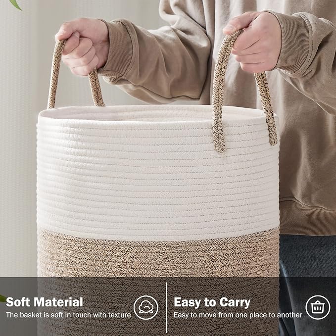 YOUDENOVA Woven Rope Laundry Hamper Basket, 58L Tall Laundry Basket, Baby Nursery Hamper for Blanket Storage in Bedroom-Large-Brown | Large Woven Laundry Hamper with Sturdy Handles, Collapsible Home Decor Laundry Basket for Laundry, Clothes, Toys in Be...