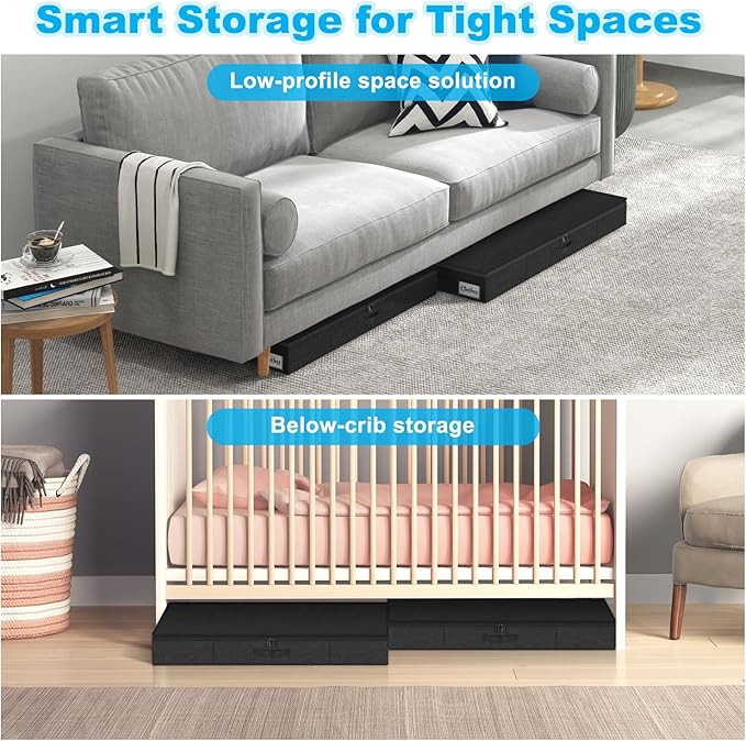 Under Bed Storage Container Bins 2 Pack, 5 Inch Thin Low Profile Underbed Clothes Storage Organizer for Dorm & Home, Use for Blanket and Toy Storage Box W/ Sturdy Bottom/Sides, Foldable Thick Fabric