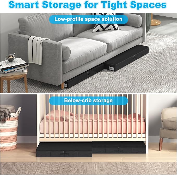 Under Bed Storage Container Bins 4 Pack, 5 Inch Thin Low Profile Underbed Clothes Storage Organizer for Dorm & Home, Use for Blanket and Toy Storage Box W/ Sturdy Bottom/Sides, Foldable Thick Fabric