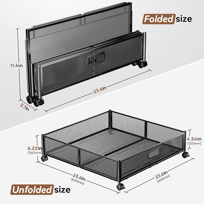 PHINOX Under Bed Storage with Wheels & Handle,Metal,Large,4 Pack,Black | Tool-free assembly, glide smoothly, easy reach, foldable, maxmazie low-profile beds, dorm, keep seasonal clothes, shoes fresh