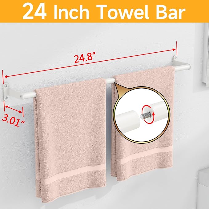MKO Towel Bar for Bathroom Wall, 24 Inch Single Towel Rod Rack, White | Heavy Duty Stainless Steel, Towel Racks for Bathroom, Wall Mounted, Hand Towel Holder