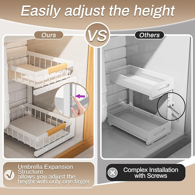ADBIU Under Sink Organizer 2 Pack, Adjustable Height (11"-15.75") Under Cabinet Storage, 2 Tier Pull Out Sliding Drawers for Kitchen Bathroom, Heavy Duty Metal Shelf, White