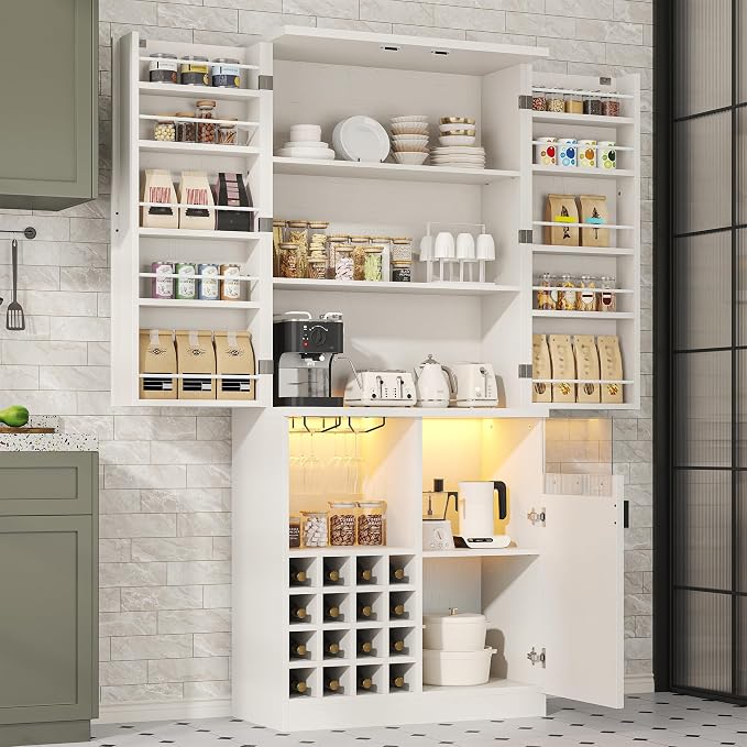 kepptory 72" Tall Kitchen Pantry Storage Cabinet, Freestanding Bar Cabinet with RGB LED Light, White Kitchen Buffet Sideboard with Doors for Dining Room Living Room