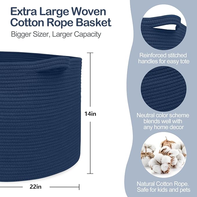 Dark Blue Basket for Organizing, 22" x 14" Extra Large Woven Cotton Rope Laundry Basket, Blanket Storage for Living Room Bedroom, Big Nursery Kids Toy Box Organizer, Pool Towel Storage Bin