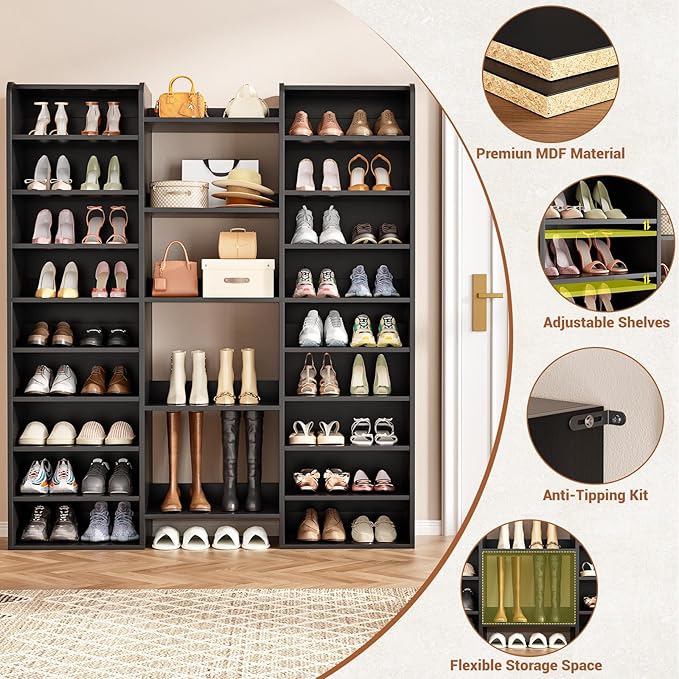 Unikito 14-Tier Shoe Cabinet, Wood Storage Organizer for Entryway, Black | 22 Open Cubbies, Freestanding Footwear Rack Shelf for Front Door Entrance, Living Room, Hallway, Bedroom, Home Wooden