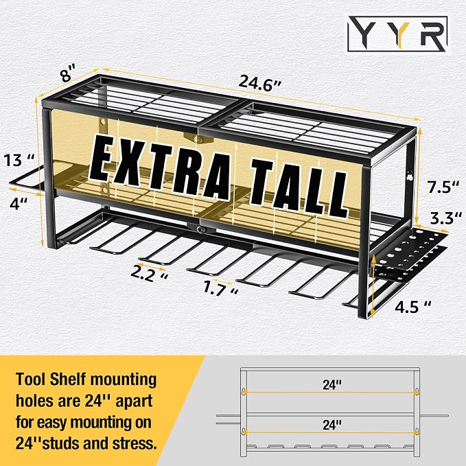 YYR Heavy Duty Power Tool Organizer Wall Mount, Cordless Drill Hanger Storage Rack, Battery Tools Holder with Charging Station Shelf for Garage Organization, Workshop, Pegboard, Shed - 24 Inch 6 Slots