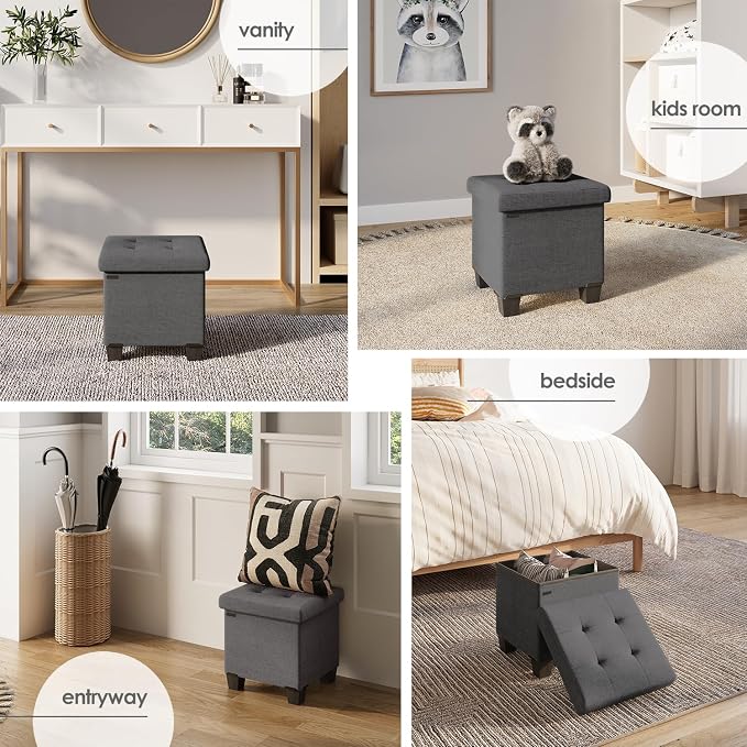 Storage Ottoman Cube with Small Bin, 15-in Square Ottoman with Storage for Living Room and Bedroom, Small Ottomans Foot Rest, Fabric Foot Stools Ottomans Max 330lbs, Grey