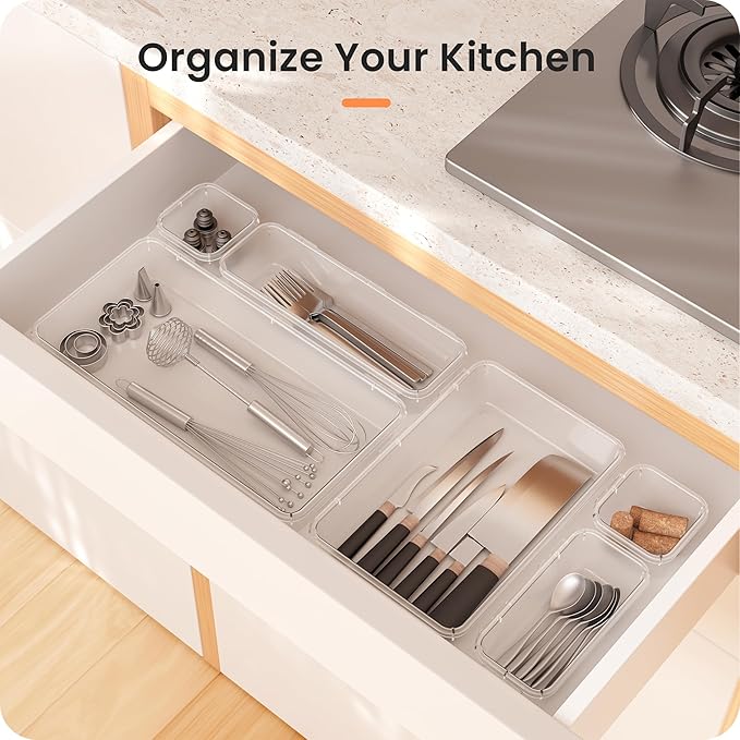A-LuGei 【46PCS & 5Sizes Clear Drawer Organizer,【Hold 277 Items】 Makeup Organizer, Bathroom Organizers and Storage, Organization and Storage, Organizer Bins for Office Vanity Kitchen Tool Trays