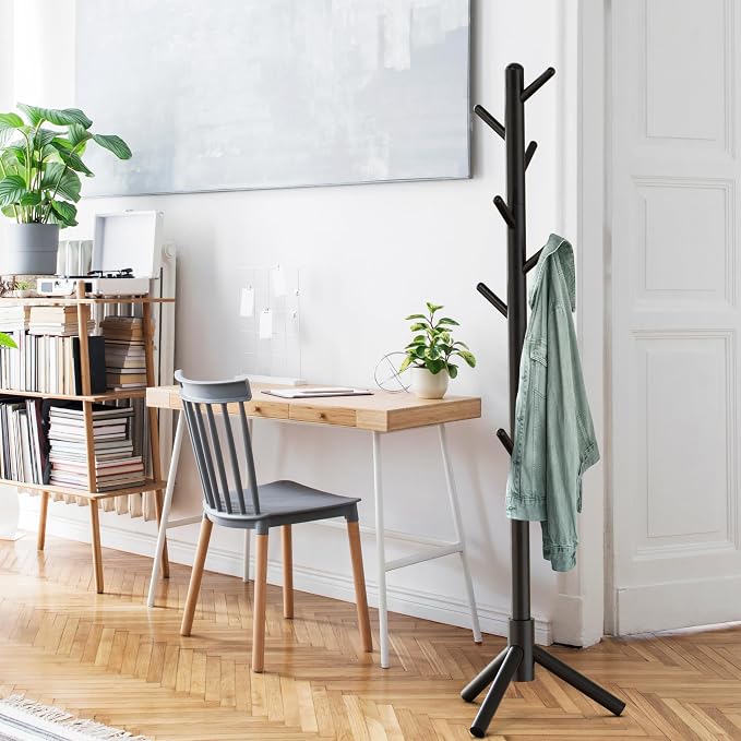 Simple Houseware Wooden Coat Rack Stand, Hall Tree with 9 Hooks, Black | Adjustable Tree Rack for Entryway, Hallway, Bedroom, Office