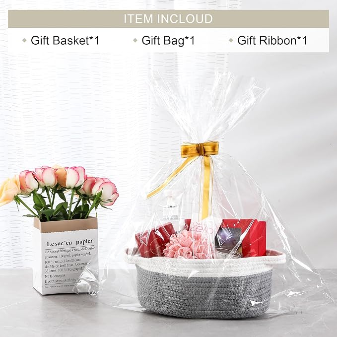 LANDNEOO Small Woven Basket with Gift Bags and Ribbons, Empty Decorative Gift Chest Box, Cute Baby Gift Basket for Nursery, Cotton Rope Room Shelf Storage Basket with Handles, 12"x 8"x 5", Gray