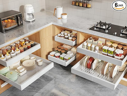 Seinloes 6 Pack Pull Out Cabinet Organizers 21" Deep With Raising Pad for Framed Cabinets, Expandable Slide Out Drawers with 4pcs Divider Racks, Roll Out Shelves, Adjustable Width 12"-20.45" White
