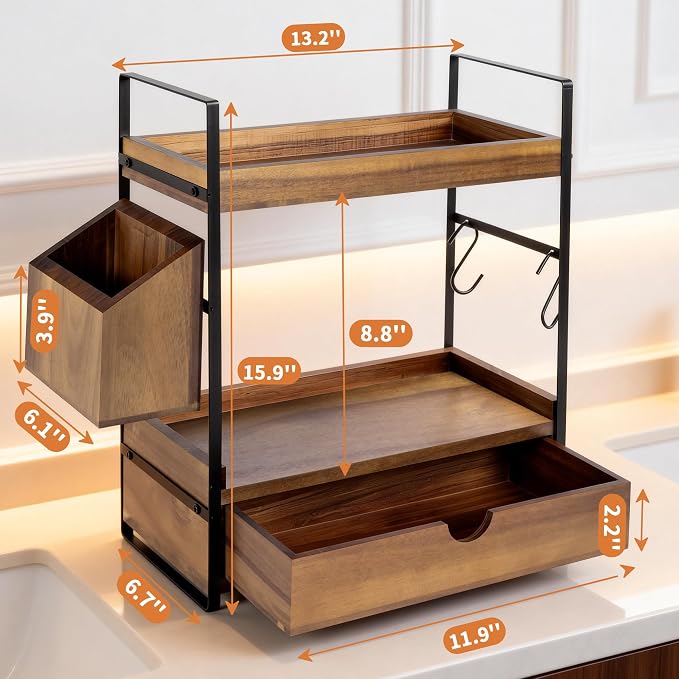 2-Tier Bathroom Counter Organizer, Acacia Wood Vanity Shelf with Drawer | Pre-Drilled Holes, Skincare & Makeup Countertop Organizer and storage, Acacia Dark Brown