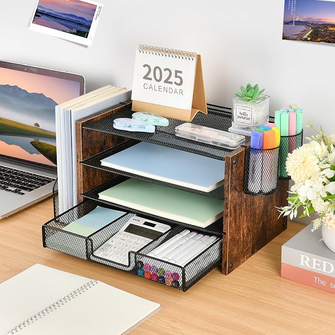 OPNICE Desk Organizer, 4-Tier Desktop File Organizer with Drawer and Pen Holders, Office Desk Accessories, File Sorters, Workspace Organizers for Office Supplies(Brown Wood)