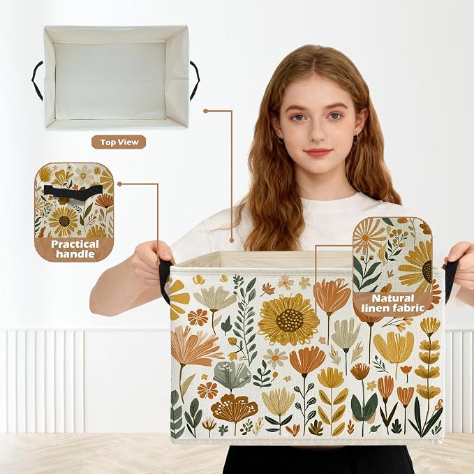 Boho Floral Storage Box Bins, Cottagecore Country Wildflower Botanical Collapsible Storage Basket Organizer for Bedroom Laundry Room Home Clothes Books, Decor for Room