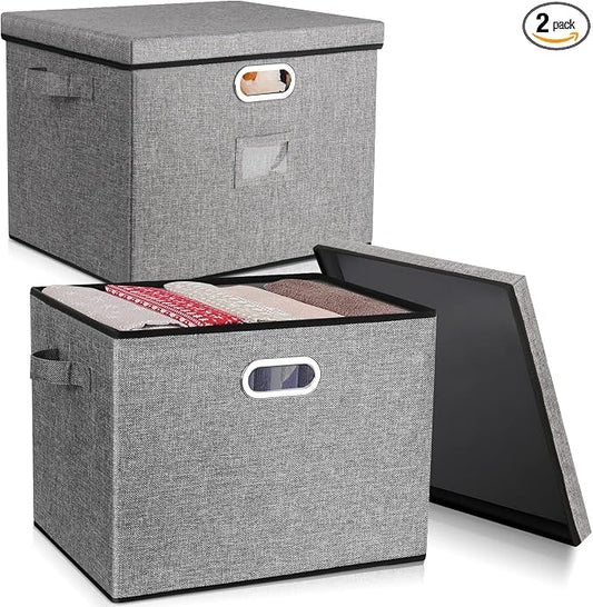Lukeline Collapsible Storage Bins with Lids, 2-Pack Foldable Fabric Linen Storage Boxes Cube, Closet Organizer Storage Basket with Label for Home Bedroom Office(17 x 13 x 13, Gray)