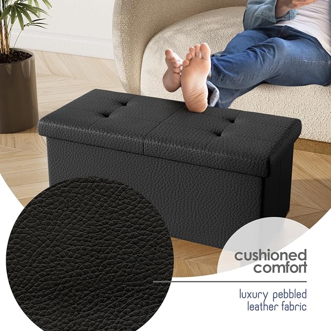 Storage Ottoman Bench with Bins, 30-in Storage Bench for Bedroom End of Bed, Folding Foot Rest Ottoman for Living Room Max 660lbs, Faux Leather Ottomans, Black