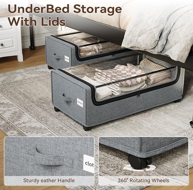 Under Bed Storage, 4-Packs Under Bed Storage With Wheels, Under bed Shoe Storage, Metal Frame, 90L Capacity, Storage Drawers for Bedroom