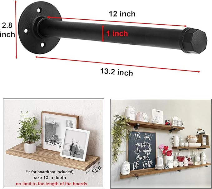 12 Inch Industrial Pipe Shelf Brackets Set of 8 - Black Iron Rustic Wall Mounted DIY Shelving Brackets Hanging Custom Pipe Brackets for Floating Shelves