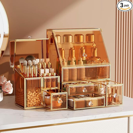 CoralHouse Glass Makeup Organizer with Brush Holder for Vanity | Amber Skincare Organizer for Vanity, Stackable, Large Capacity, for Makeup Lipstick Perfumes Brush Skincare