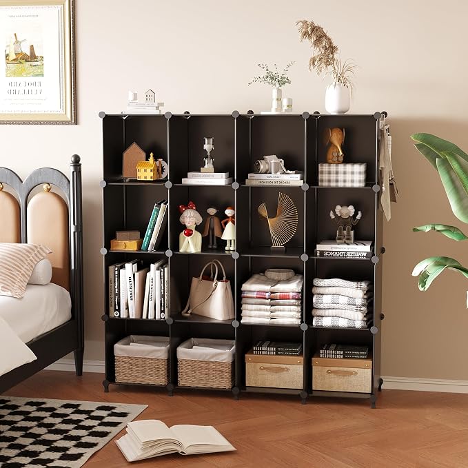 AWTATOS Cube Storage Organizer, 16 Cube Closet Organizer, Black | Stackable Storage Cube Shelves, DIY Portable Closet Clothes Organizer, Plastic Shelving for Bedroom, Wardrobe, Bathroom