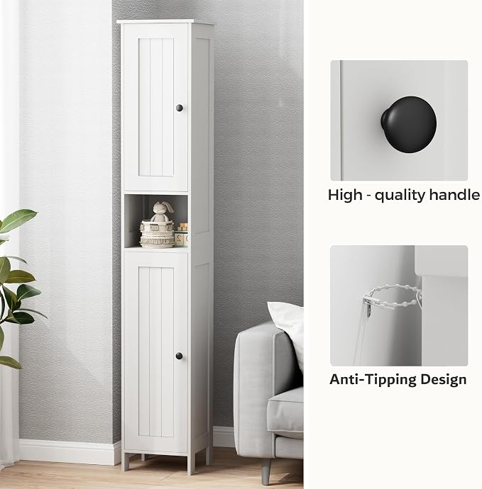 Homleke Tall Bathroom Storage Cabinet with 2 Doors, Slim Bathroom Cabinet | Narrow Storage Cabinet with Adjustable Shelves, Anti-Tip Design, Reversible Door, Easy Assembly, White, 15.7''W