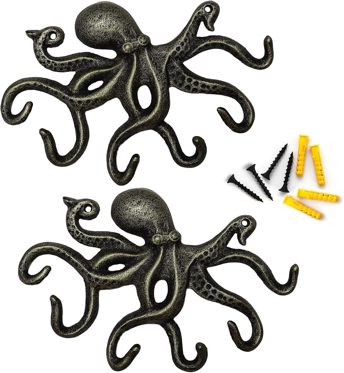 Wall Hooks for Hanging, Iron Octopus Key Holder for Wall, Decorative Hooks 2Pcs - Bronze