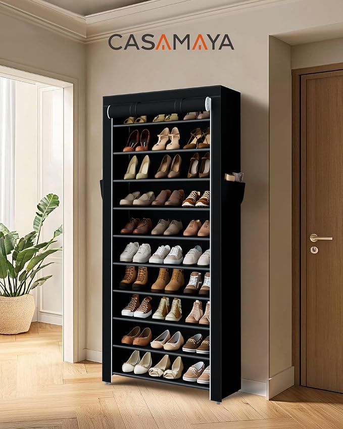 CASAMAYA Shoe Rack with Covers, 10 Tiers Tall Shoe Rack Organizer, Large Capacity Shoe Shelf Storage, Hold 30 Pairs of Shoes, Vertical Shoe Storage Organizer for Closet, Entryway, Black, SRT103B01