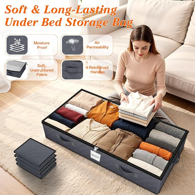 90L Under Bed Storage Containers, Storage Bags, Organizers, 2-Pack, Gray | Foldable, Soft Fabric, Closet Organizers, Reinforced Handle, Label Holder, Clear Window, for Comforters, Clothing, Blankets