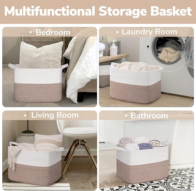Goodpick 50L Large Woven Basket with Handles, 18" x 14" x 12", Brown | Blankets, Toys & Clothes Storage, Living Room & Bedroom Organization, Decorative Storage Basket, Stylish Rectangle Design