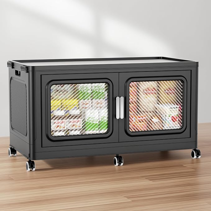 BROVIEW 660 Qt/165 Gal Stackable Storage Bins with Lids, 3 Pack, Black | Large Stackable Storage Boxes w/ 3 Lid Folding Plastic Cart Organizer for Home Kitchen, Open Front Clear Door with Wheels