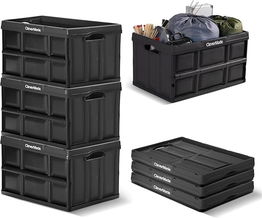 CleverMade Collapsible Storage Bins, 62L, 3 Pack, Obsidian | Extra-large bins support 100 lb for groceries, tools, and gear. They stack securely and fold to 2.75 inches for storage.