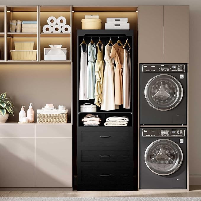 IRONCK Freestanding Closet System with Adjustable Shelves & 3 Drawers | Closet Organizer with Hanging Rod, Ideal for Bedrooms, Apartments and Small Closet Storage