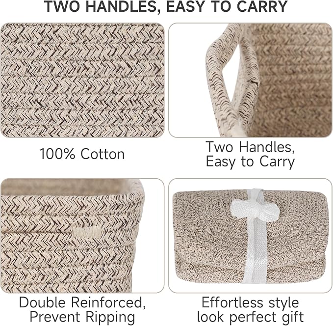 3-Pack Small Storage Baskets for Organizing | Woven Shelf Toy Basket | Rope Baskets for Gifts Empty | Closet Organizer Bins with Handles | Cube Decorative Box | 11.8×7.8×5.1” | Mixed brown