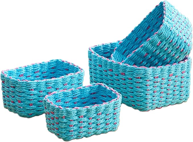 4PCS Woven Storage Baskets Set, Small Baskets for Organizing, Square Handwoven Paper Rope Organizer Bins for Shelves and Home Storage (Blue & Pink)