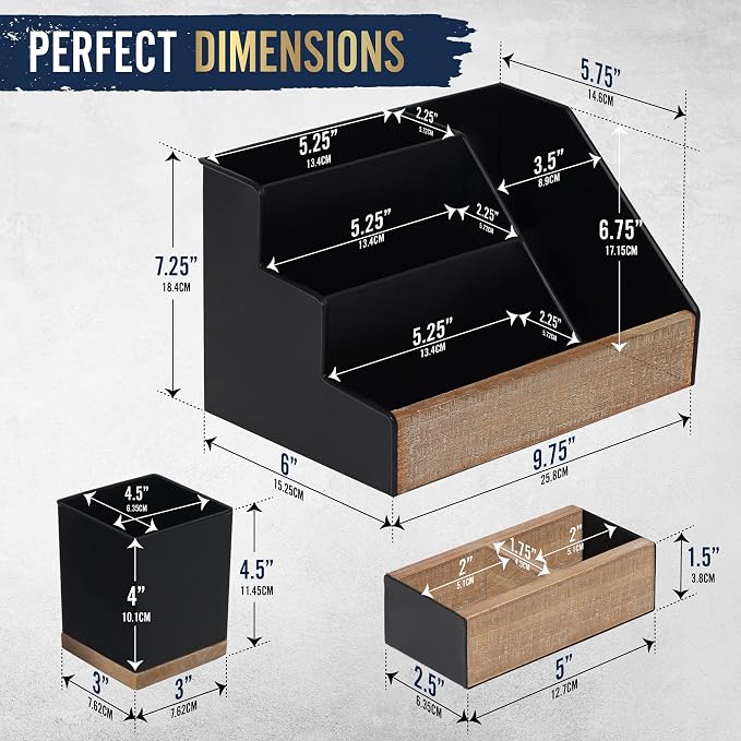 HBCY Creations 3 PIECE Black Metal Desk Organizer Set | Rustic Mail Organizer Desktop | Rustic Industrial Home Decor