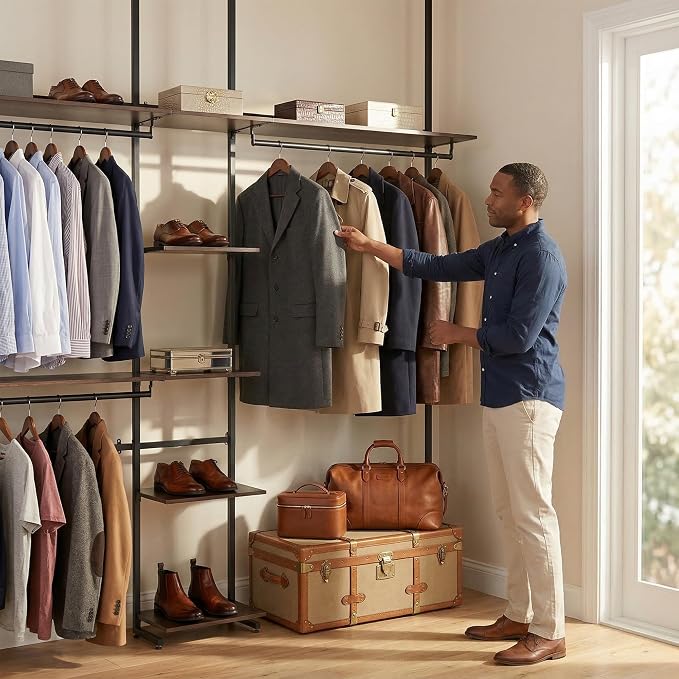 MZG Closet Organizer System, Freestanding Closet System with Wood Shelves & Hanging Rod, Adjustable Floor-to-Ceiling Open Wardrobe for Bedroom, Apartment & Small Closet (16.8"D x 48.4"W x 137.7"H)