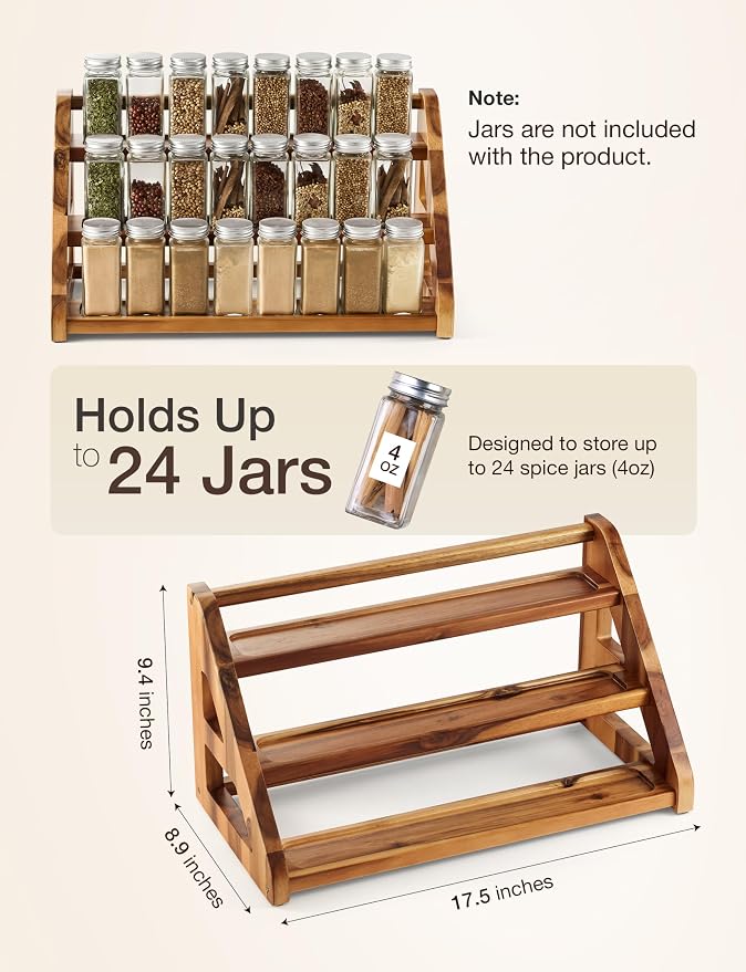 Tinamo Acacia Wood Spice Rack for Countertop - Wooden Tray Holds 24 Jars Spice Racks Organizer for Storage Shelf - 3 Tiered Spice Rack Organizer for Cabinet - Spice Shelf for Kitchen Pantry (Acacia) | Acacia Wood, 3-tier Spacious Design for 24 Spice Ja...