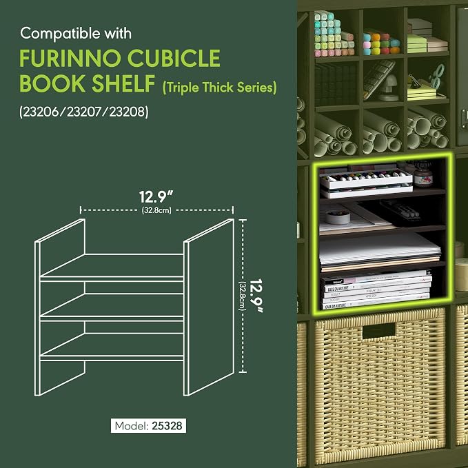 Furinno Cubicle 3-Shelf Cube Insert, 3-Tier Cube Organizer, Dark Oak | 12.9W x 12.9H, Shelf Accessory, Fits into Furinno Triple Thick Cubes, IKEA Kallax, for Organizers and Storage,